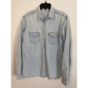 Burberry Brit Blue Denim Pearl Snap Western Cowboy Vintage Style Shirt Sz L